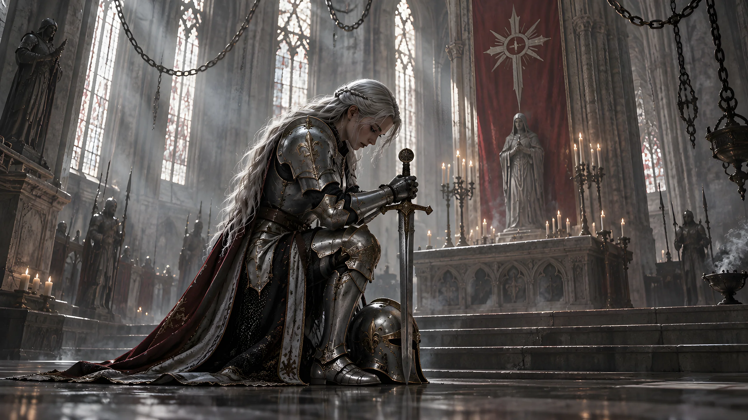 A knight woman kneels at the altar of a pale cathedral beneath hanging chains.