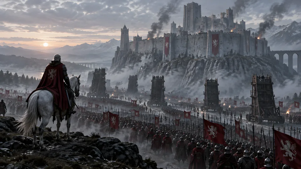 An army with crimson banners advances on a fortress in the fog at dawn.