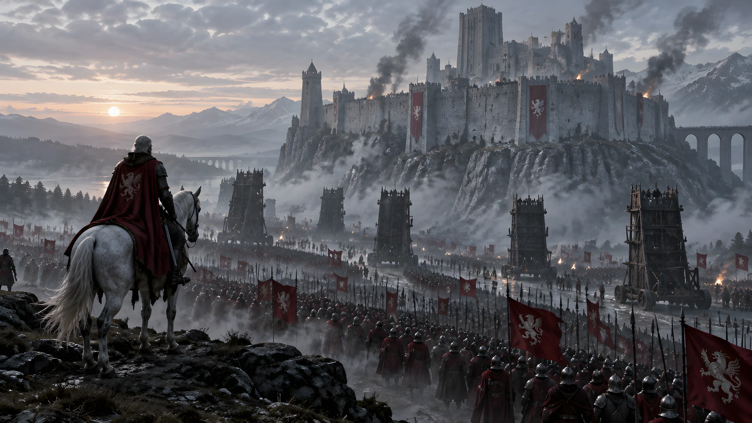 An army with crimson banners crossing a misty plain toward a fortress at dawn.