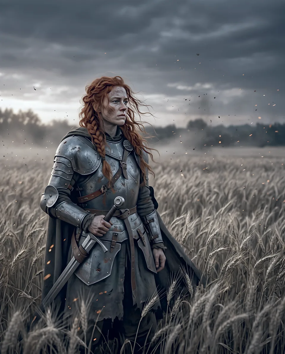 A red-haired warrior in steel plate standing in a field of wheat at dusk.